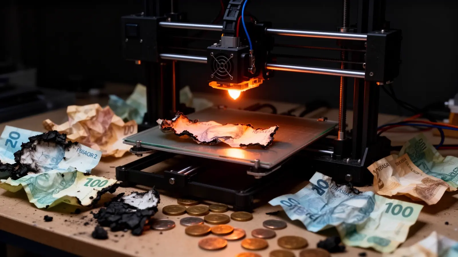 Impressora 3D rodeada de notas e moedas